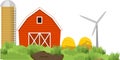 Abstract rural landscape with red barn, silo tower, haystacks and wind turbine